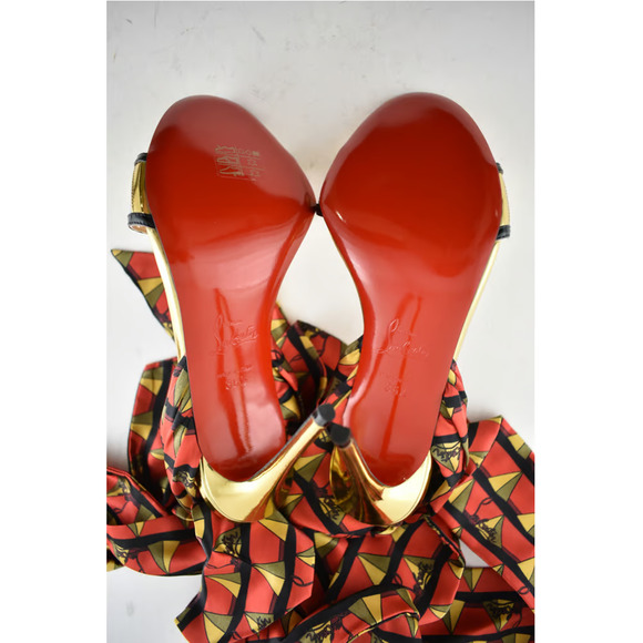 Christian Louboutin Baigneuse 100 Black Gold Red Lace Up Sandal Heel Pump 36.5 - Picture 12 of 12